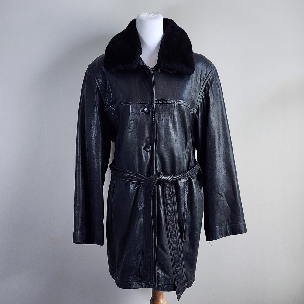 Danier Leather Jacket Womens XL Black Belted Removable Faux Fur Collar Trench